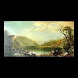 Oil on board. Landscape with lake. Signed Lula M.A. and dated 1886,  lower right. Framed. Note attac
