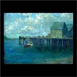 Oil on board. Dock scene. Signed illegibly and dated 1916, lower  right. 20th century American Schoo