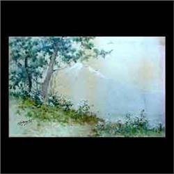 Watercolor on paper. Landscape with mountain. Signed illegibly,  lower left. S. Baske. Matted and fr