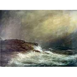 Oil on academy board. View of Castle Rock, Marblehead Neck, NE  Sturm. 1883, signed, titled, and dat
