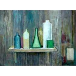 Oil on board. Still life with bottles. Signed Wray Manning, lower  right. Framed. 21 1/2" X 29 1/2"