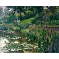 Oil on canvas. Figures in a garden and pond. Signed Louis Mayer,  lower right. Framed. 14 1/2" X 18
