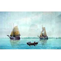 Watercolor on paper. Fishing boats on the sea. Signed W.J. VanHorn,  lower left. Matted and framed.