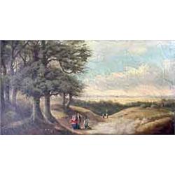 Oil on canvas (relined). Landscape with figures. 19th century  American School. Framed. Note cracks