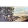 Image 1 : Oil on canvas (relined). Landscape with figures. 19th century  American School. Framed. Note cracks