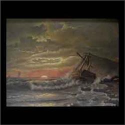 Oil on panel. Shipwreck at Sunset. 19th century American School.  Framed. Note varnish yellowed. 12"