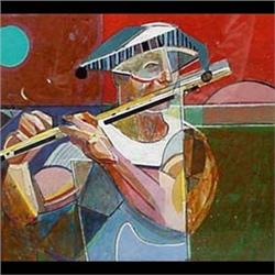 Mixed media collage. Clown playing flute. 20th century American  School. Matted and framed. 7 1/2" X