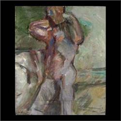 Oil on canvas. Figural abstract. 1965, signed Brisley and dated  '65, lower left. Robert Brisley. Fr