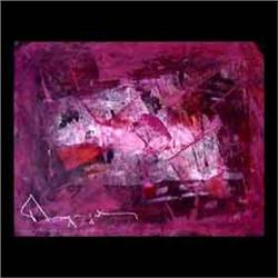 Gouache on paper. Abstract in red and purple. Signed lower left.  Paul Henri Bourguignon. Matted and