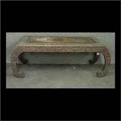 Carved Oriental teakwood tea table with C-shaped legs. Note top  needs to be refinished. 15"h x 42"w
