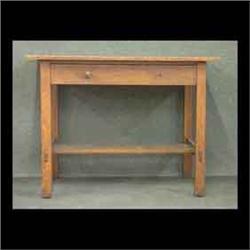 Mission oak writing desk marked Quaint. Single drawer, mortise and  tenon joints and double stretche