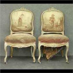 Pair of Louis XV style side chairs. Fine needlepoint and  petitpoint seats and backs. Paint and gilt