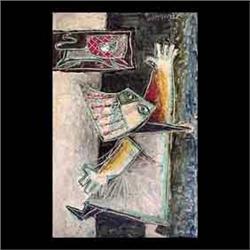 Oil on canvas. Abstract, dancing figure. Signed upper right.  Pinchas Shaar. 15 1/4" X 9 3/4" $800-1