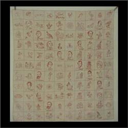 Embroidered quilt dated Dec. 25, 1909. Presidential and nursery  rhymes, white background with red e