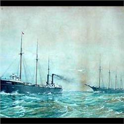 Watercolor on paper. Steam sailing ship Raleigh towing the  schooner Tokio. Signed S.A. Whipple and