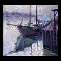 Oil on canvas. Dock scene. Signed A.N. Davis, lower right. Framed.  Note paint loss along left edge