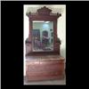 Image 1 : Carved American Victorian dresser, Eastlake style walnut with pink  marble top. Carved cornice and d
