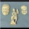 Image 1 : Three pieces of carved ivory. Two masks and a fisherman. 3"h  fisherman   1 3/4" and 2 1/4"  masks $