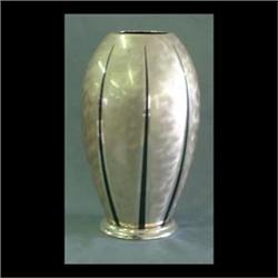 Weiner Werkstatte Ikora deco silverplate vase. Black enamel  decoration. Some moderate surface disco