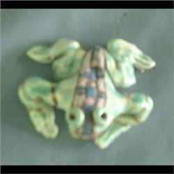 Overbeck pottery frog. Pale green with pink and blue back. 2" long $400-500