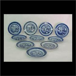 Ten Canton salad plates. Circa 1840. Pagoda, bridge, boat, trees,  and clouds around the edge. Note