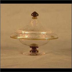 Cut glass compote, Pairpoint. Amber finial, rim, and stem.  Unsigned. 6 1/2" h X 7 1/4" d $200-250
