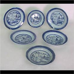 Twelve Canton soup plates. Circa 1840. Pagodas, trees, bridge,  boat, and cloud edge. Note chips, re