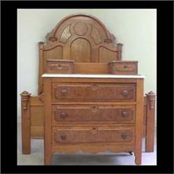 Walnut American Victorian bed and chest of drawers. Chest  has two glove boxes, white marble top, an