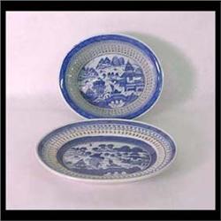 Canton reticulated chestnut basket and underplate. Circa 1840.  Cloud edge, pagoda, boats, and bridg