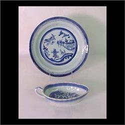 Two pieces of Canton. Scalloped edge sauce boat with handle, circa  1840, and a deep stew plate, cir