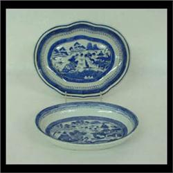 Two Canton bowls. An oval serving dish and a shallow serving bowl.  Both circa 1840. Bridge, boat, p