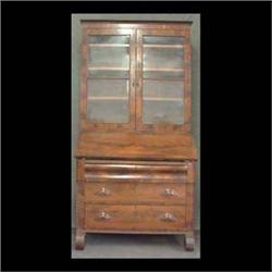 Victorian two piece secretary desk bookcase. Flame grained veneer  front, two glass doors above slan