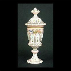 Pink cut to clear overlay Pokal. Enamel decoration of flowers and  grapes. Note lid fitter rim has b