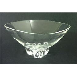 Steuben clear glass bowl. This is a deep bowl with three  horseshoe shaped forms that extend from th