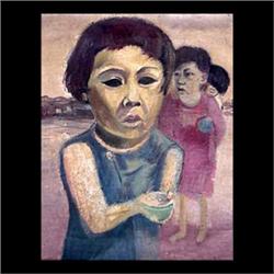 Oil on canvas. Portrait of a girl holding a bowl in her hand.  Signed M. Shulman, lower right. Morri