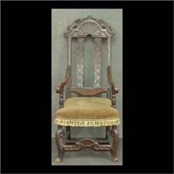 Early 18th century carved arm chair, possibly Spanish. Remains of  original finish. Mortise and pinn