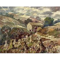 Watercolor on paper. Landscape with barn and haystacks. 20th  century American School. Matted and fr