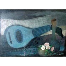 Oil on board. Blue Guitar. Signed Wray Manning, upper and lower  left. Framed. 21 1/4" X 29 1/2" $10