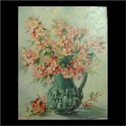 Oil on panel. Floral still life. Signed lower right. E. Salisbury  Dembner. 20" X 16" $60-120