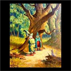 Oil on board. Dwarfs on the Road. Signed H. Cheney, lower left.  Harriet M. Cheney. 20" X 16" $150-2