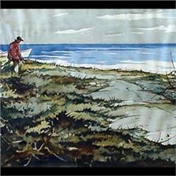 Watercolor on paper. A man at the shore. Signed F. Nadal, lower  right. Matted and framed. 19 1/2" X