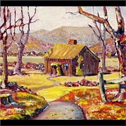 Oil on board. Landscape with house and fence. 1953, noted verso  Vincent R. Smith, November 17, 1953