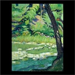 Oil on canvas. Summer landscape with stream. 20th century American  School. Framed. 20 3/4" X 15 3/4