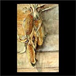 Watercolor on paper. Still life with corn. Signed H.M. Bertholf,  lower right. Framed. 21 1/2" X 13