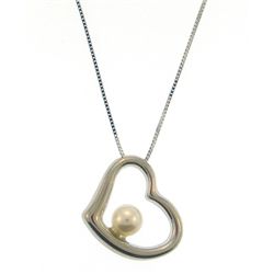 Genuine 14k Heart Pearl Box Chain 16" Diamond Necklace