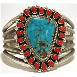 Old Pawn Navajo Coral & Mountain Turquoise Sterling Silver Cuff Bracelet - Mike Platero