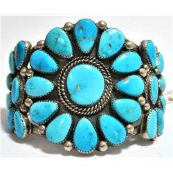 Old Pawn Bright Blue Turquoise Needlepoint Sterling Silver Cuff Bracelet