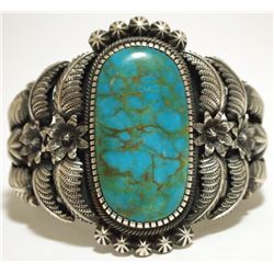 Old Pawn Navajo Mountain Turquoise Sterling Silver Cuff Bracelet - Kirk Smith
