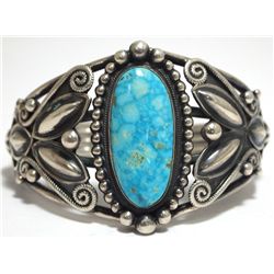 Old Pawn Navajo Lone Mountain Turquoise Sterling Silver Cuff Bracelet - R. Martinez