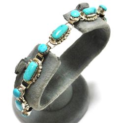 Old Pawn Zuni Turquoise Sterling Silver Link Bracelet - W. Quam